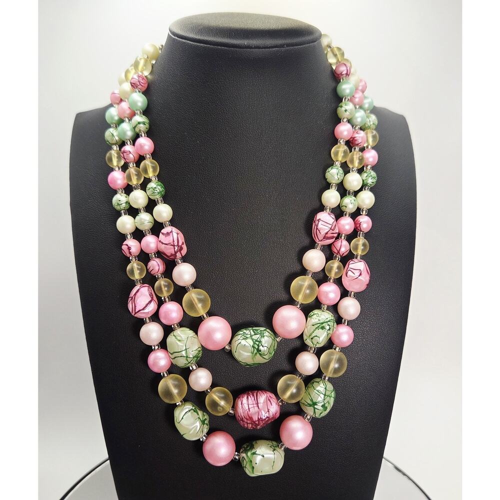 Vintage Japanese Necklace 3 Strands of Frosted Pink & Green Marbled Beads Yellow